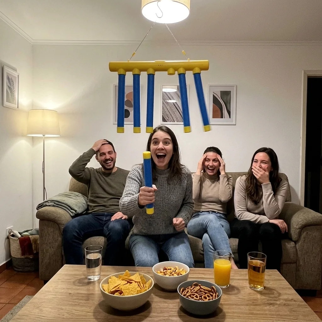 Amigos adultos rindo enquanto uma amiga pega o bastão à noite