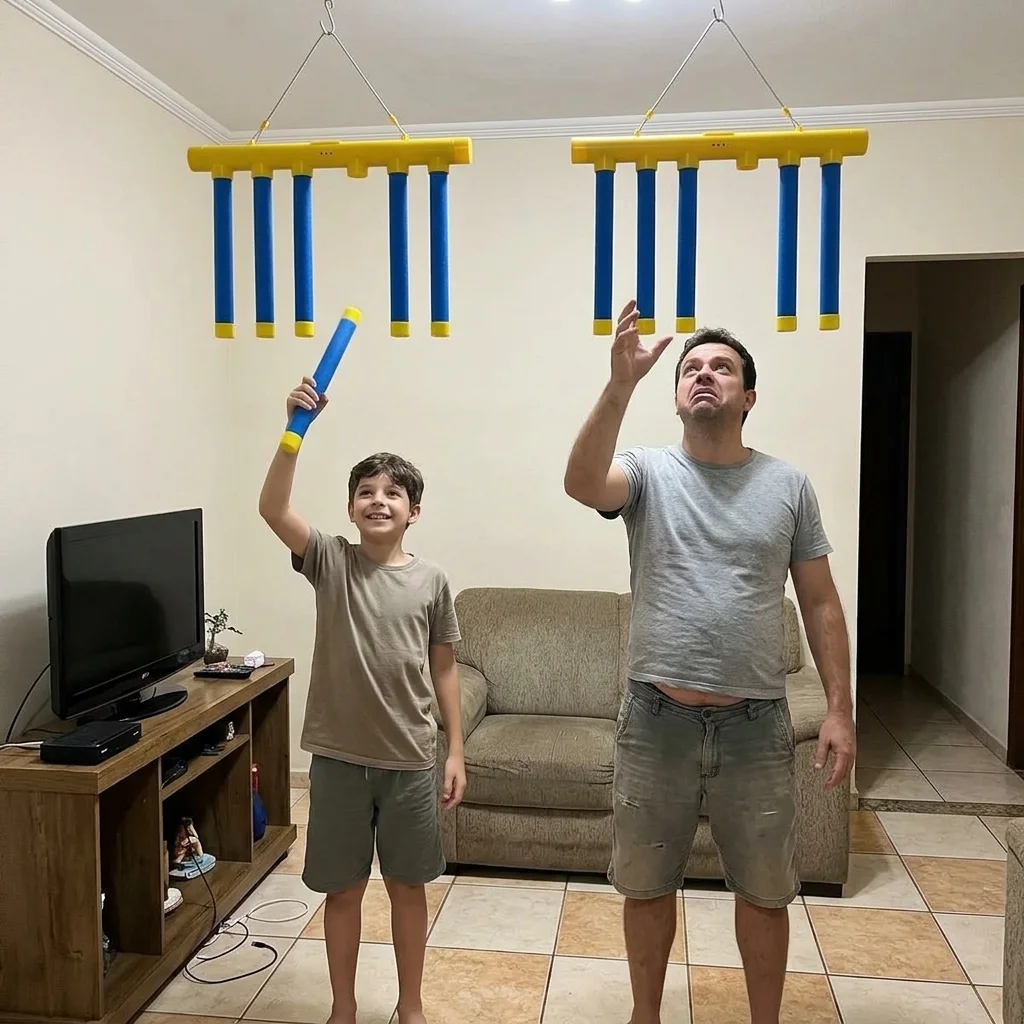 Pai e filho disputando com dois jogos Hand Speed pendurados lado a lado na sala