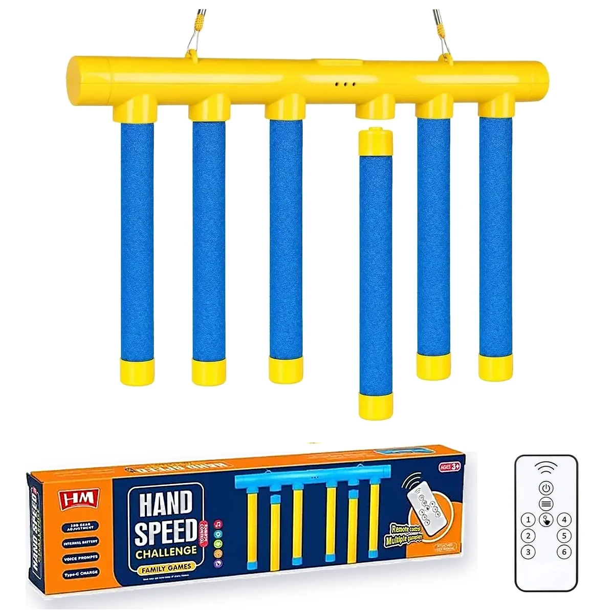 Hand Speed: barra amarela com 6 bastões azuis, controle remoto, cordão, gancho, cabo USB-C e a caixa